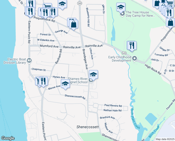 map of restaurants, bars, coffee shops, grocery stores, and more near 180 Brandegee Avenue in Groton