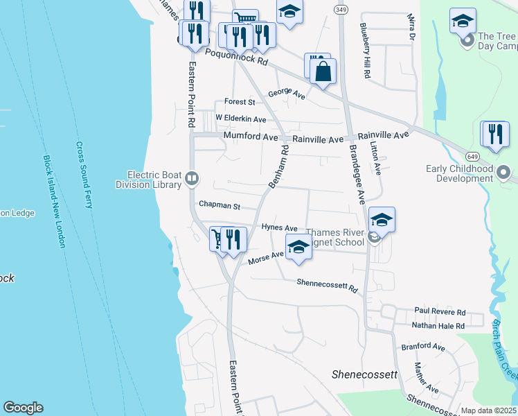 map of restaurants, bars, coffee shops, grocery stores, and more near 101 Chapman Street in Groton