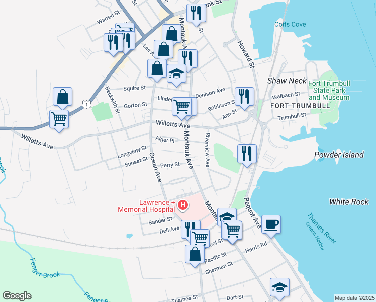 map of restaurants, bars, coffee shops, grocery stores, and more near 270 Montauk Avenue in New London