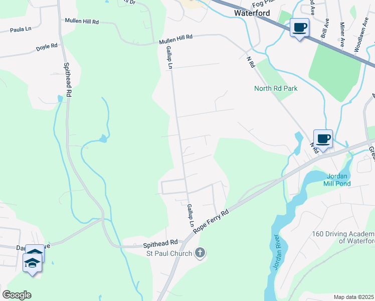 map of restaurants, bars, coffee shops, grocery stores, and more near 42 Gallup Lane in Waterford