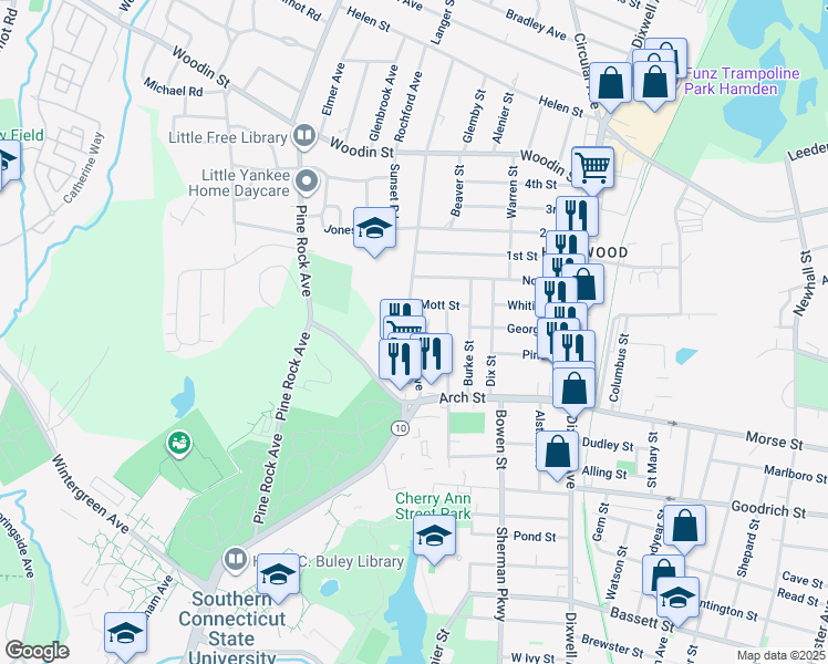 map of restaurants, bars, coffee shops, grocery stores, and more near 65 Fairview Avenue in Hamden