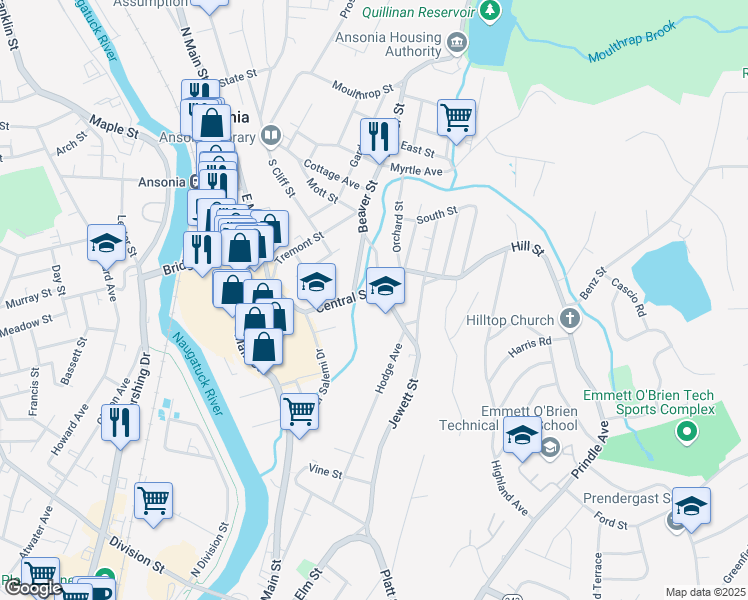 map of restaurants, bars, coffee shops, grocery stores, and more near 108 Central Street in Ansonia