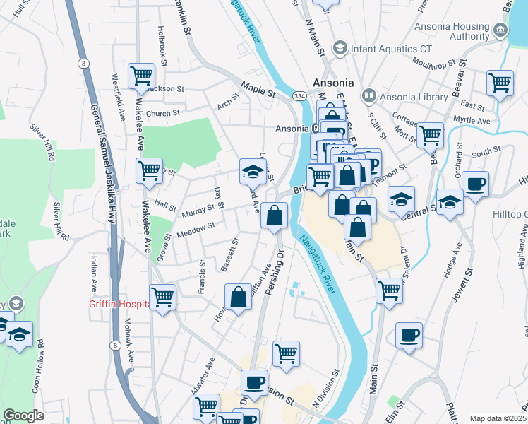 map of restaurants, bars, coffee shops, grocery stores, and more near 100 Howard Avenue in Ansonia