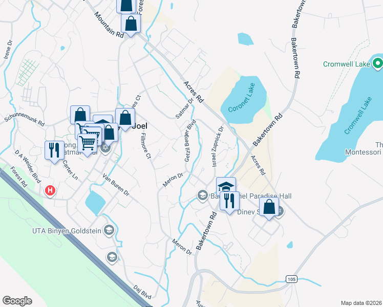 map of restaurants, bars, coffee shops, grocery stores, and more near 26 Getzil Berger Boulevard in Kiryas Joel