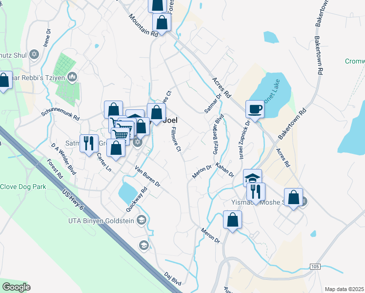 map of restaurants, bars, coffee shops, grocery stores, and more near 11 Fillmore Court in Monroe