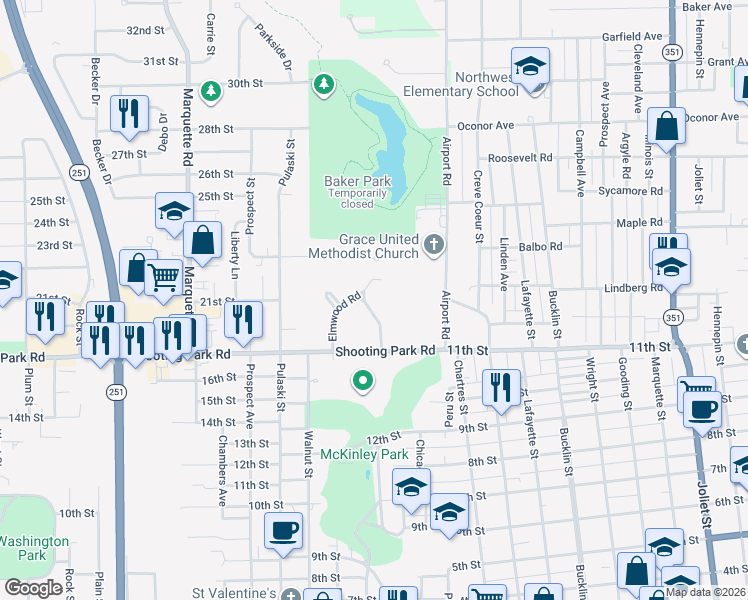 map of restaurants, bars, coffee shops, grocery stores, and more near 2221 Twin Oak Road in Peru