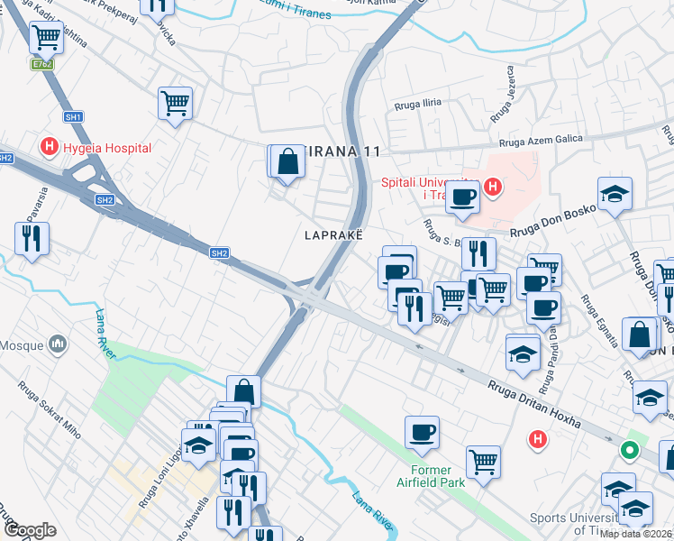 map of restaurants, bars, coffee shops, grocery stores, and more near Rruga Vangjel Noti in Tirana
