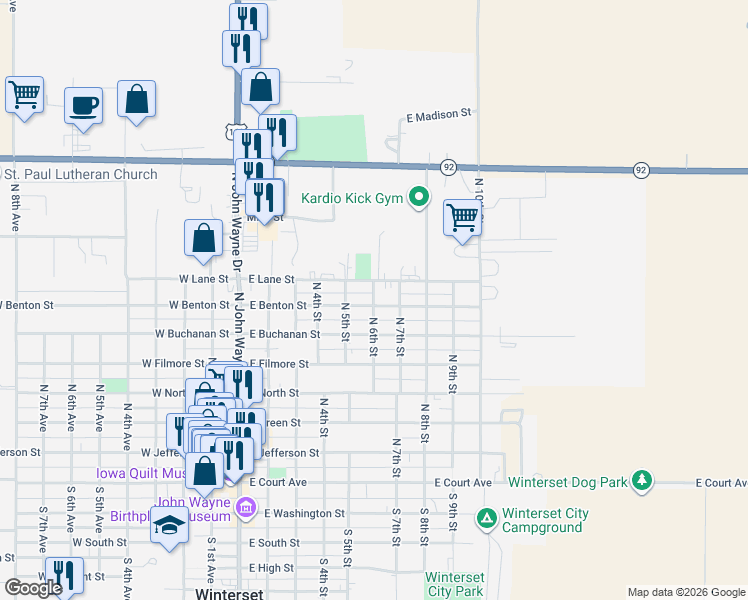 map of restaurants, bars, coffee shops, grocery stores, and more near 721 North 6th Street in Winterset