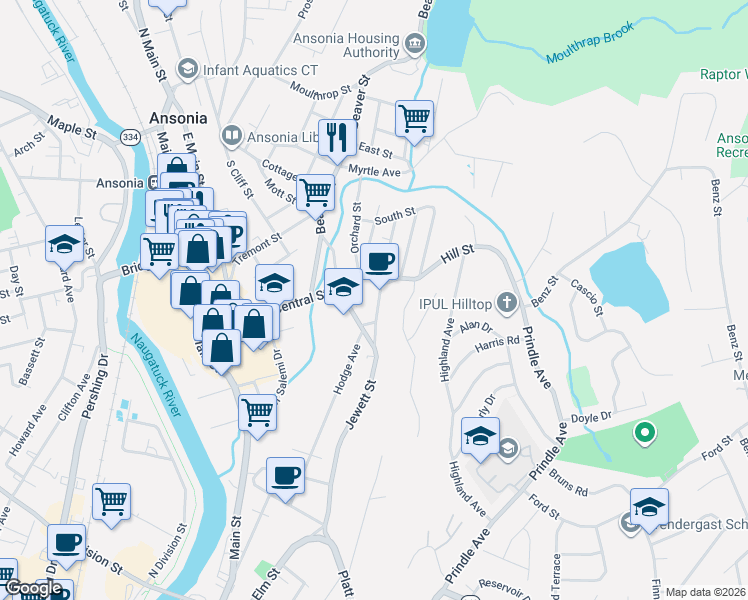 map of restaurants, bars, coffee shops, grocery stores, and more near 43 Jewett Street in Ansonia