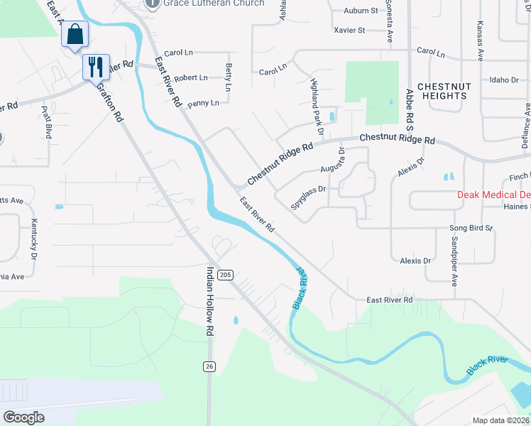 map of restaurants, bars, coffee shops, grocery stores, and more near 10274 East River Road in Elyria