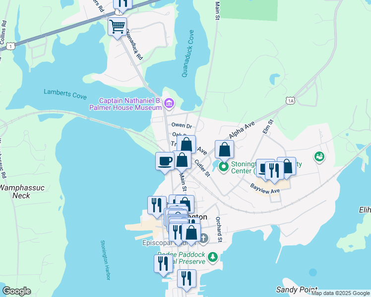 map of restaurants, bars, coffee shops, grocery stores, and more near 205 North Main Street in Stonington