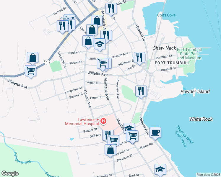 map of restaurants, bars, coffee shops, grocery stores, and more near 270 Montauk Avenue in New London