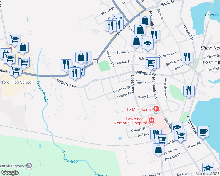 map of restaurants, bars, coffee shops, grocery stores, and more near 52 Viets Street in New London