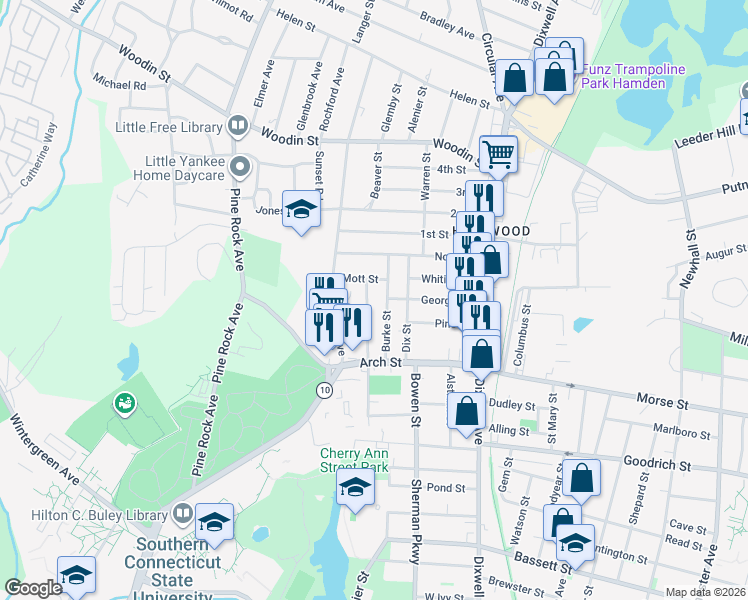 map of restaurants, bars, coffee shops, grocery stores, and more near 51 Burke Street in Hamden