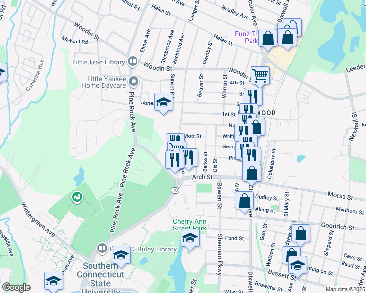 map of restaurants, bars, coffee shops, grocery stores, and more near 138 Warner Street in Hamden