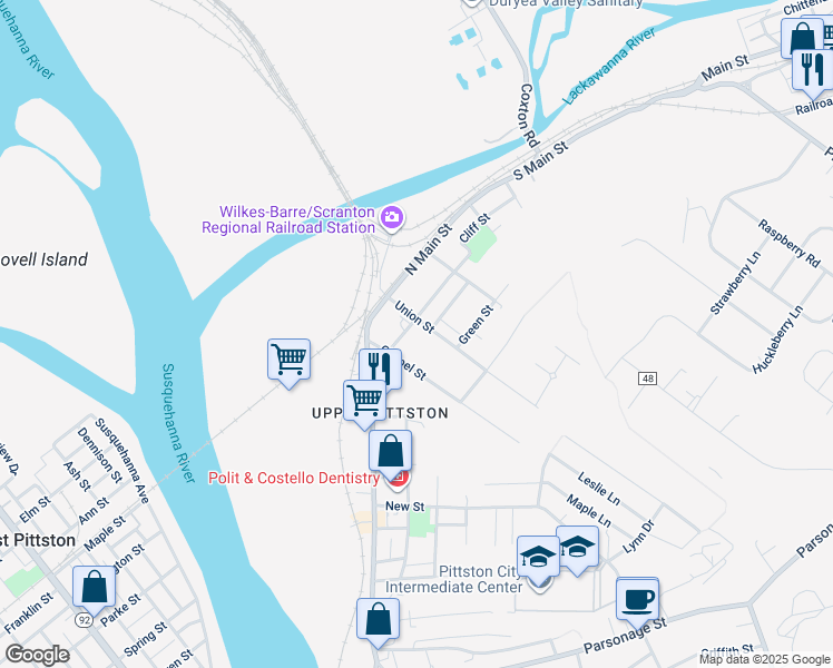 map of restaurants, bars, coffee shops, grocery stores, and more near 65 Union Street in Pittston