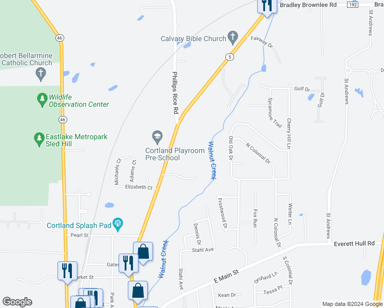 map of restaurants, bars, coffee shops, grocery stores, and more near 100 Creekside Cmns in Cortland