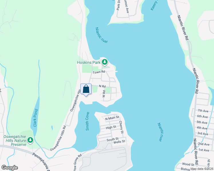 map of restaurants, bars, coffee shops, grocery stores, and more near 3 West Road in East Lyme