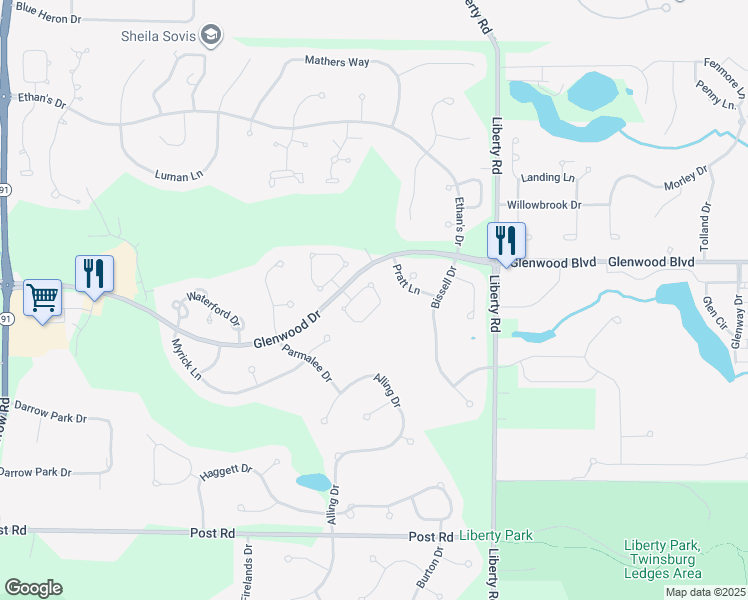 map of restaurants, bars, coffee shops, grocery stores, and more near 2932 Framingham Lane in Twinsburg
