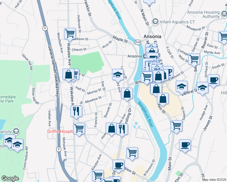 map of restaurants, bars, coffee shops, grocery stores, and more near 9 Bassett Street in Ansonia