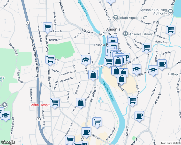 map of restaurants, bars, coffee shops, grocery stores, and more near 100 Howard Avenue in Ansonia