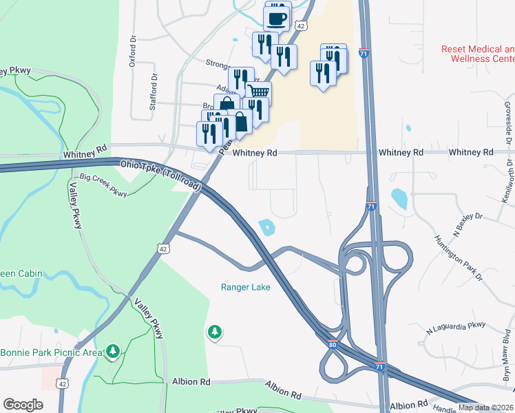 map of restaurants, bars, coffee shops, grocery stores, and more near 17785 Whitney Road in Strongsville