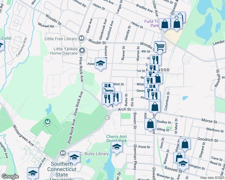map of restaurants, bars, coffee shops, grocery stores, and more near 75 Fairview Avenue in Hamden
