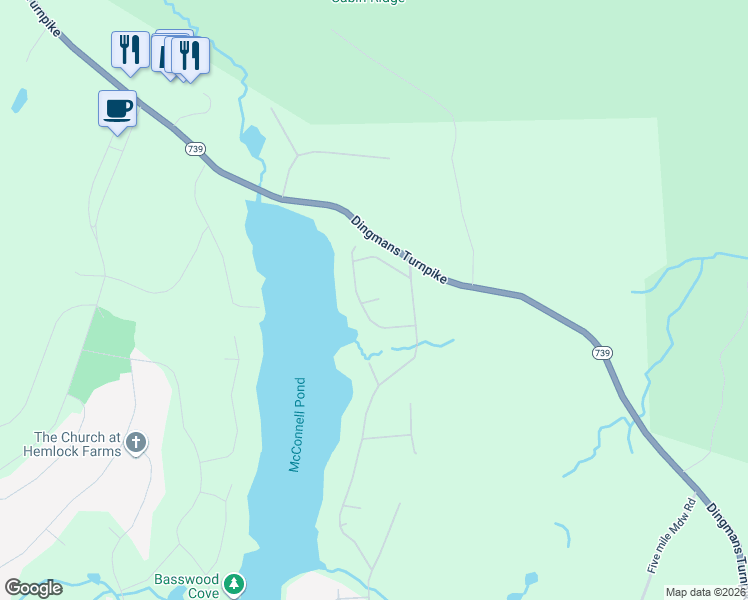 map of restaurants, bars, coffee shops, grocery stores, and more near Lakeview Court in Hemlock Farms