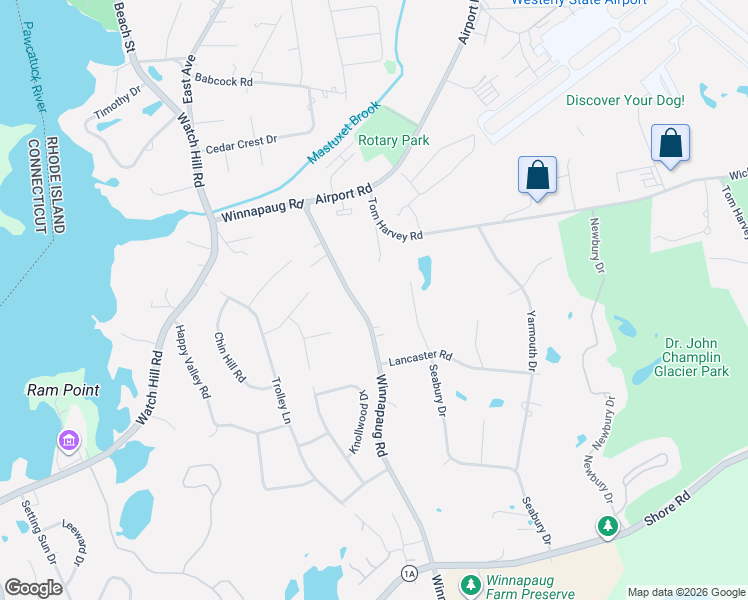 map of restaurants, bars, coffee shops, grocery stores, and more near 165 Winnapaug Road in Westerly