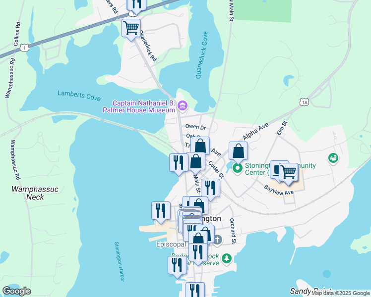 map of restaurants, bars, coffee shops, grocery stores, and more near 77 Cutler Street in Stonington