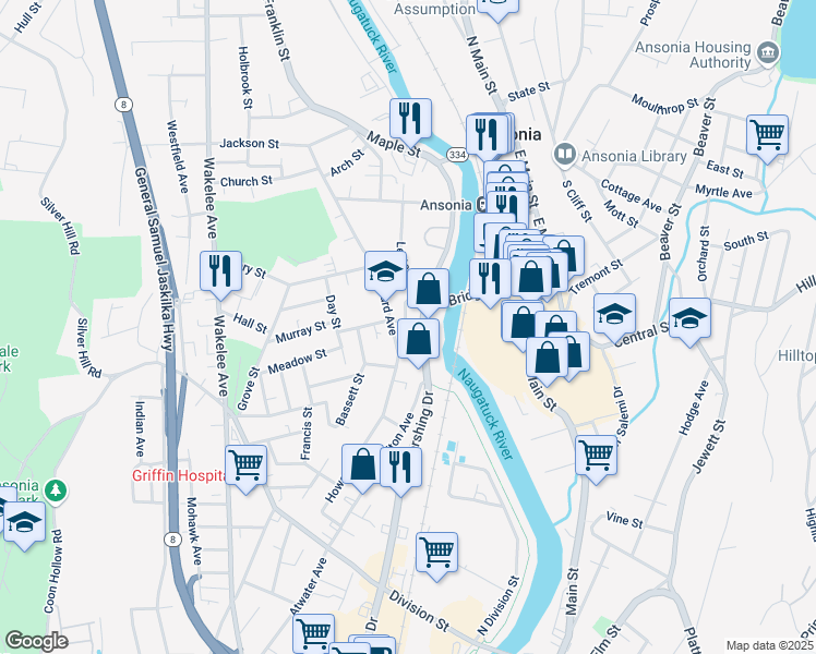 map of restaurants, bars, coffee shops, grocery stores, and more near 100 Howard Avenue in Ansonia