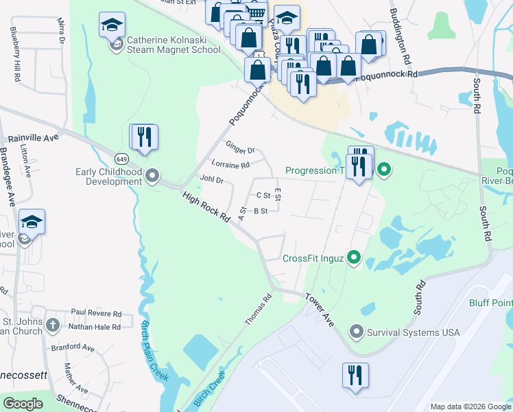 map of restaurants, bars, coffee shops, grocery stores, and more near 10 B Street in Groton