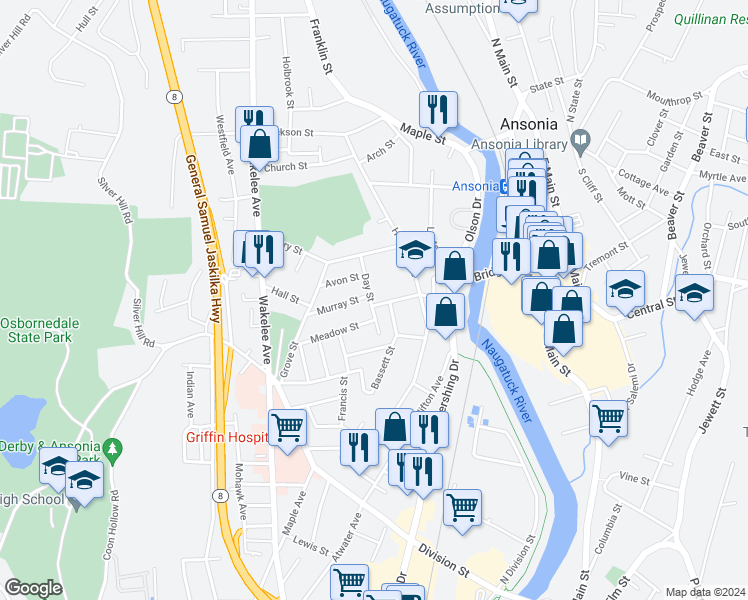 map of restaurants, bars, coffee shops, grocery stores, and more near 32 Crescent Street in Ansonia