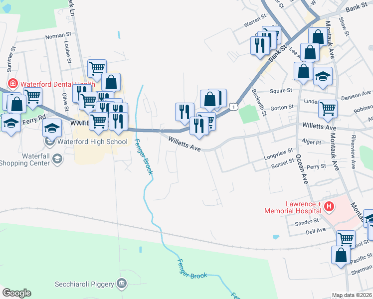 map of restaurants, bars, coffee shops, grocery stores, and more near 394 Willetts Avenue in Waterford