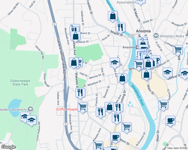 map of restaurants, bars, coffee shops, grocery stores, and more near 26 Murray Street in Ansonia