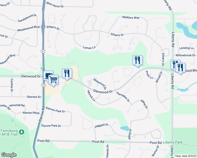 map of restaurants, bars, coffee shops, grocery stores, and more near 3009 Waterford Drive in Twinsburg