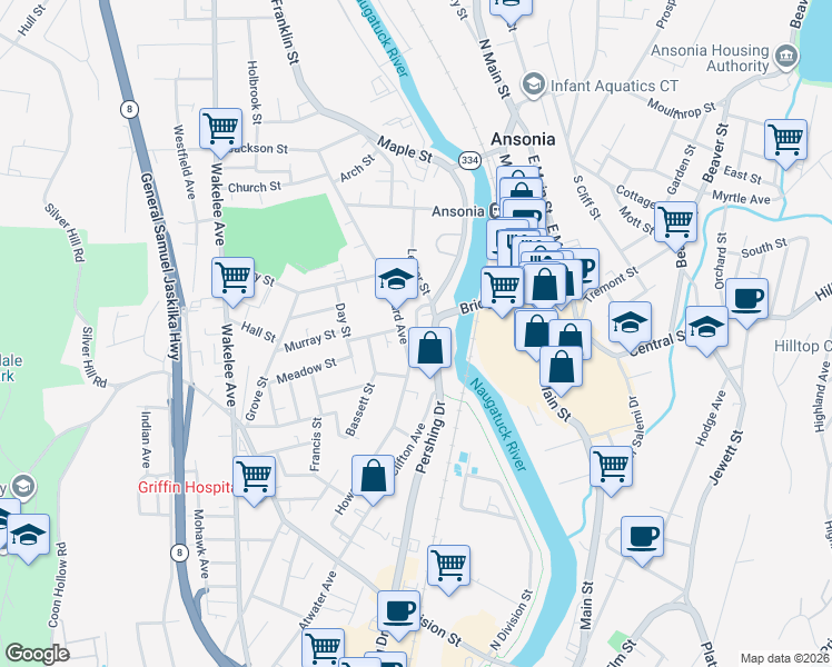 map of restaurants, bars, coffee shops, grocery stores, and more near 100 Howard Avenue in Ansonia