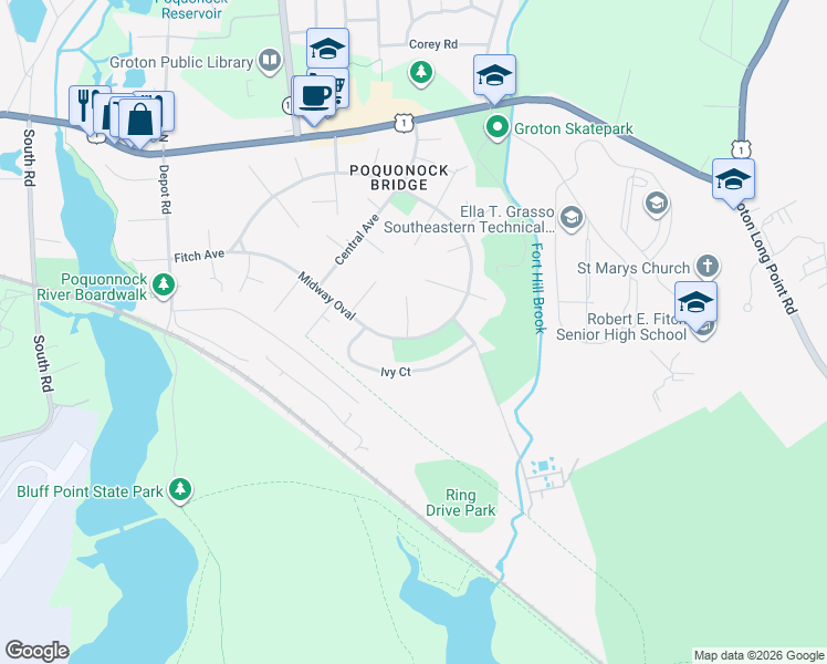 map of restaurants, bars, coffee shops, grocery stores, and more near 112 ivy ct in Groton