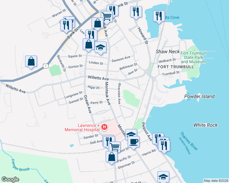 map of restaurants, bars, coffee shops, grocery stores, and more near 52 Riverview Avenue in New London
