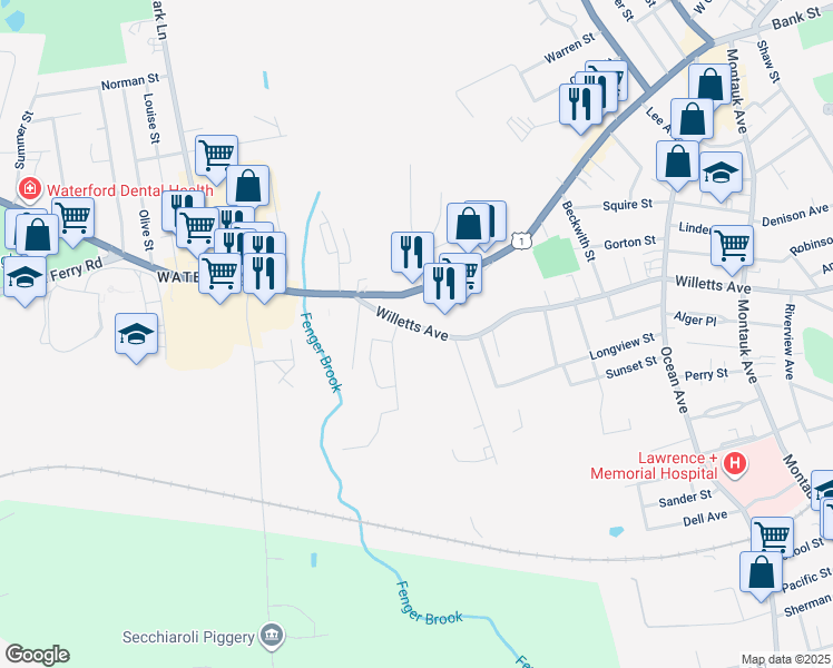 map of restaurants, bars, coffee shops, grocery stores, and more near 384 Willetts Avenue in Waterford