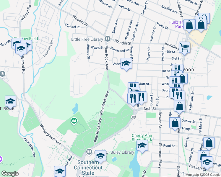 map of restaurants, bars, coffee shops, grocery stores, and more near 225 Pine Rock Avenue in Hamden