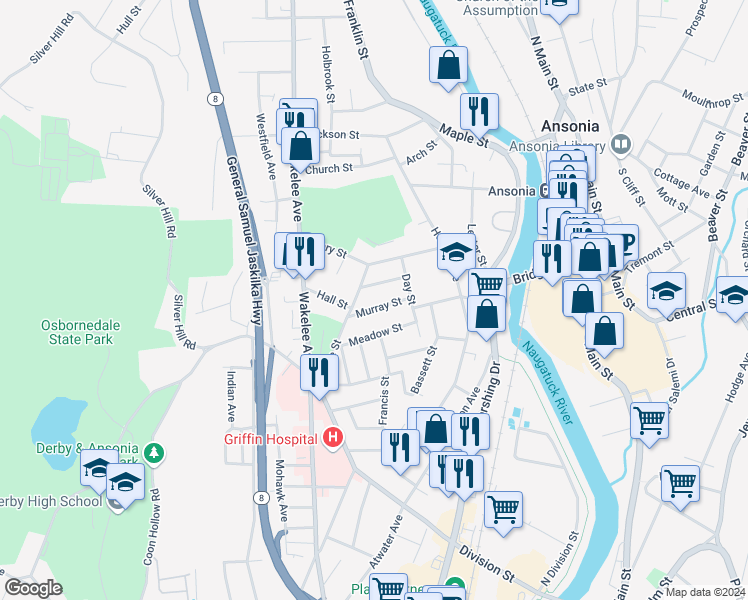 map of restaurants, bars, coffee shops, grocery stores, and more near 29 Murray Street in Ansonia