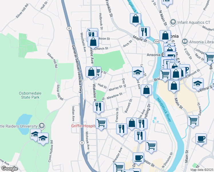 map of restaurants, bars, coffee shops, grocery stores, and more near 104 Grove Street in Ansonia