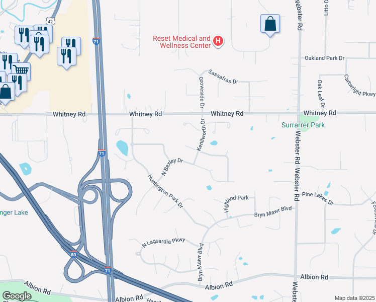 map of restaurants, bars, coffee shops, grocery stores, and more near 9546 North Bexley Drive in Strongsville
