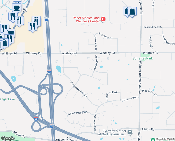 map of restaurants, bars, coffee shops, grocery stores, and more near 9546 North Bexley Drive in Strongsville