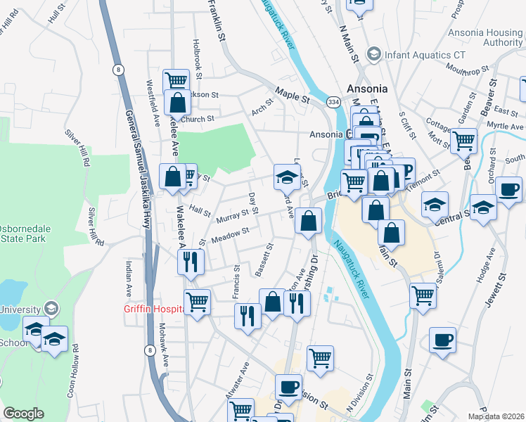map of restaurants, bars, coffee shops, grocery stores, and more near 36 Day Street in Ansonia