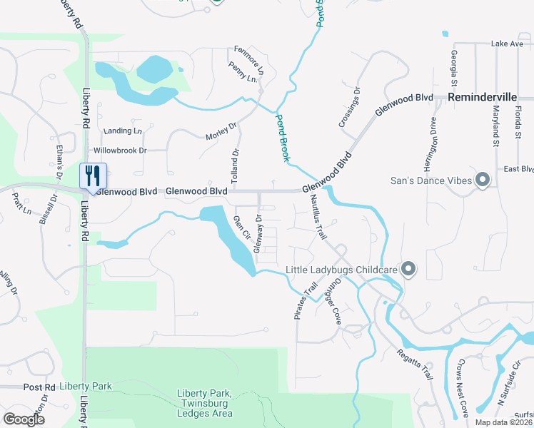 map of restaurants, bars, coffee shops, grocery stores, and more near 10365 Glenway Drive in Twinsburg