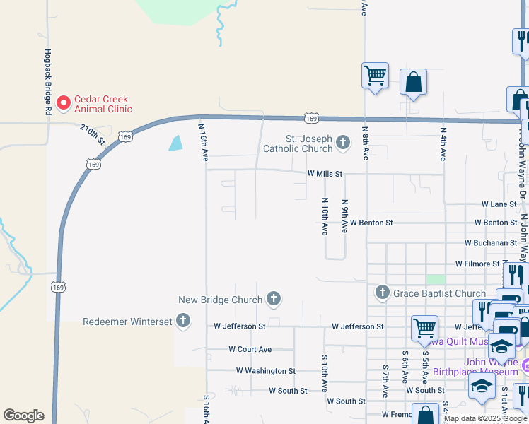 map of restaurants, bars, coffee shops, grocery stores, and more near 633 North 14th Avenue in Winterset