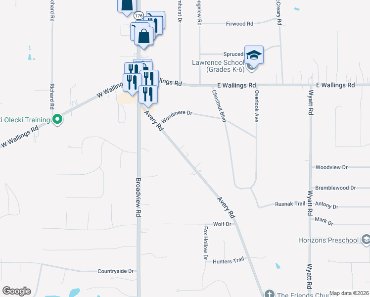 map of restaurants, bars, coffee shops, grocery stores, and more near 8293 Avery Road in Broadview Heights