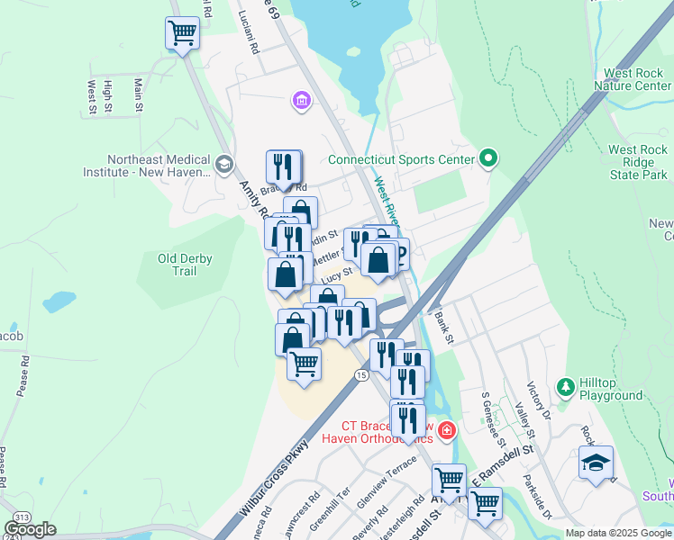 map of restaurants, bars, coffee shops, grocery stores, and more near 15 Lucy Street in Woodbridge